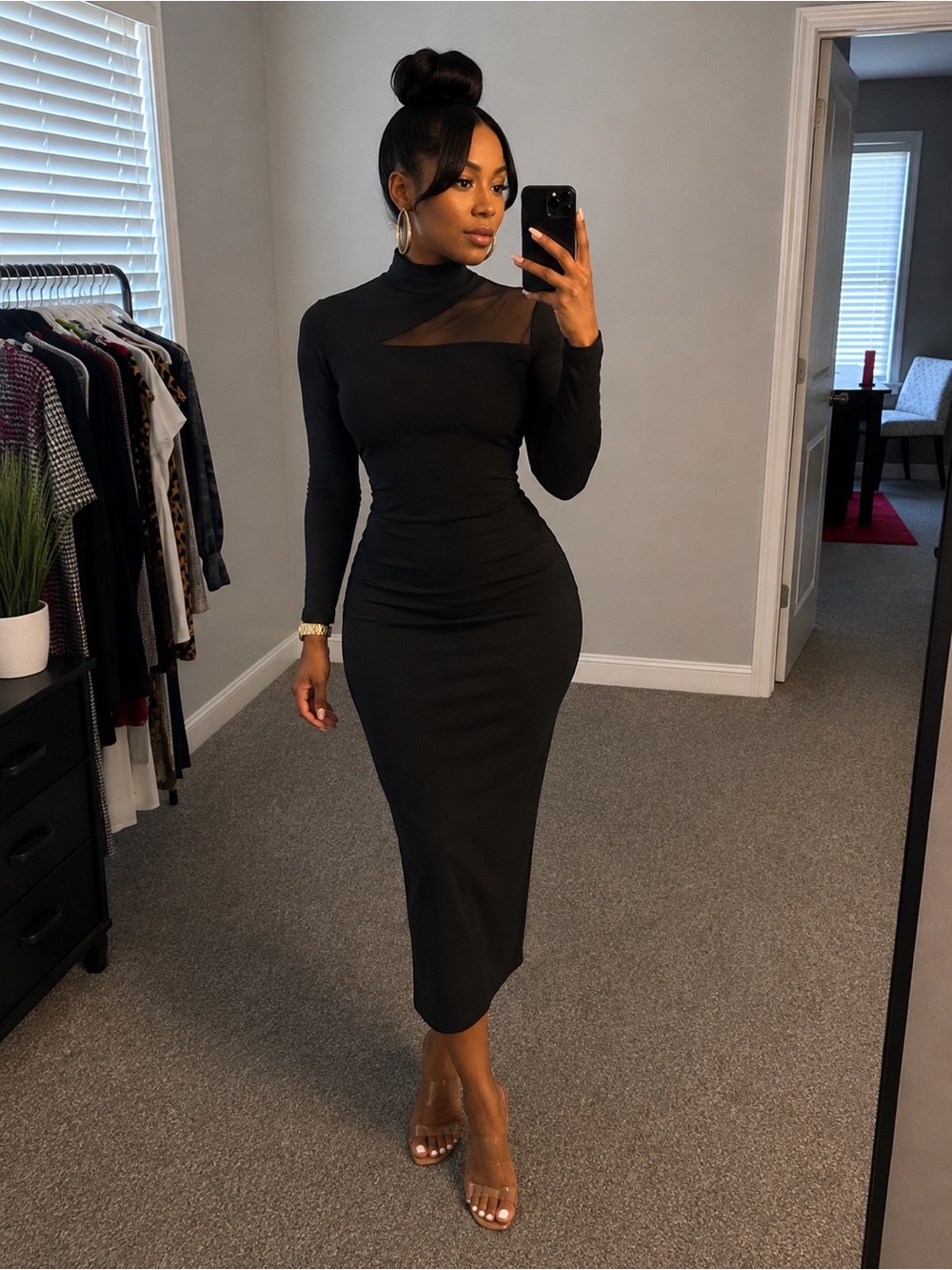 Haute Monde Black Long Sleeve Sheer-Panel Midi Dress